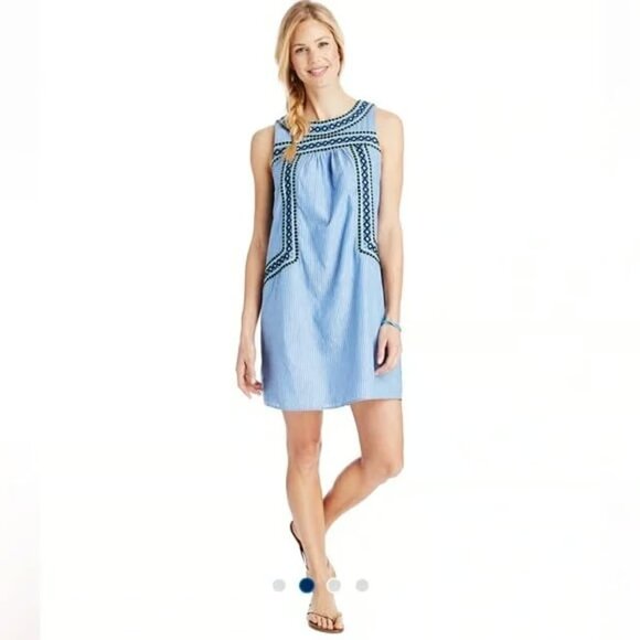 Vineyard Vines Yarn Dye Stripe Embroidered Shift Dress Blue White Cotton Medium - Picture 1 of 10